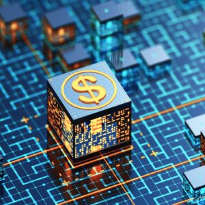 Digital money cube placed on a blockchain.jpg