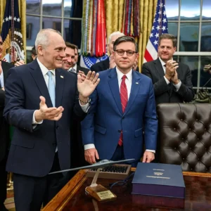 Speaker of the House Mike Johnson Crypto Czar David Sacks and financial executives await the arrival.webp