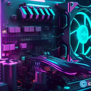 Crypto news cryptocurrency mining equipment blurry background neon color cyberpunk.webp